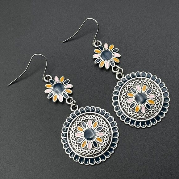 Silver with Blue Pink and Orange Enamel Dangling Boho Flower Drop Hook Earrings - Picture 1 of 9